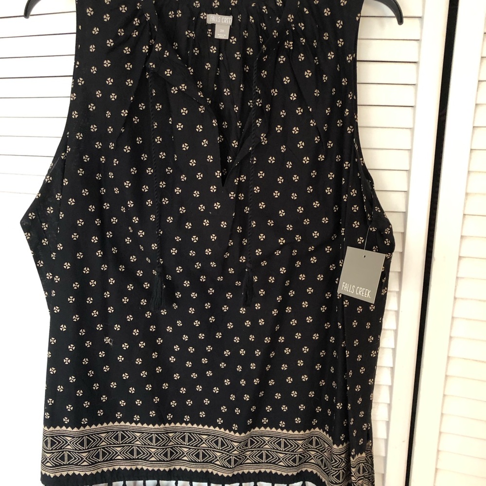 Falls Creek Black Patterned Sleeveless Blouse with fun tassels on the bottom.